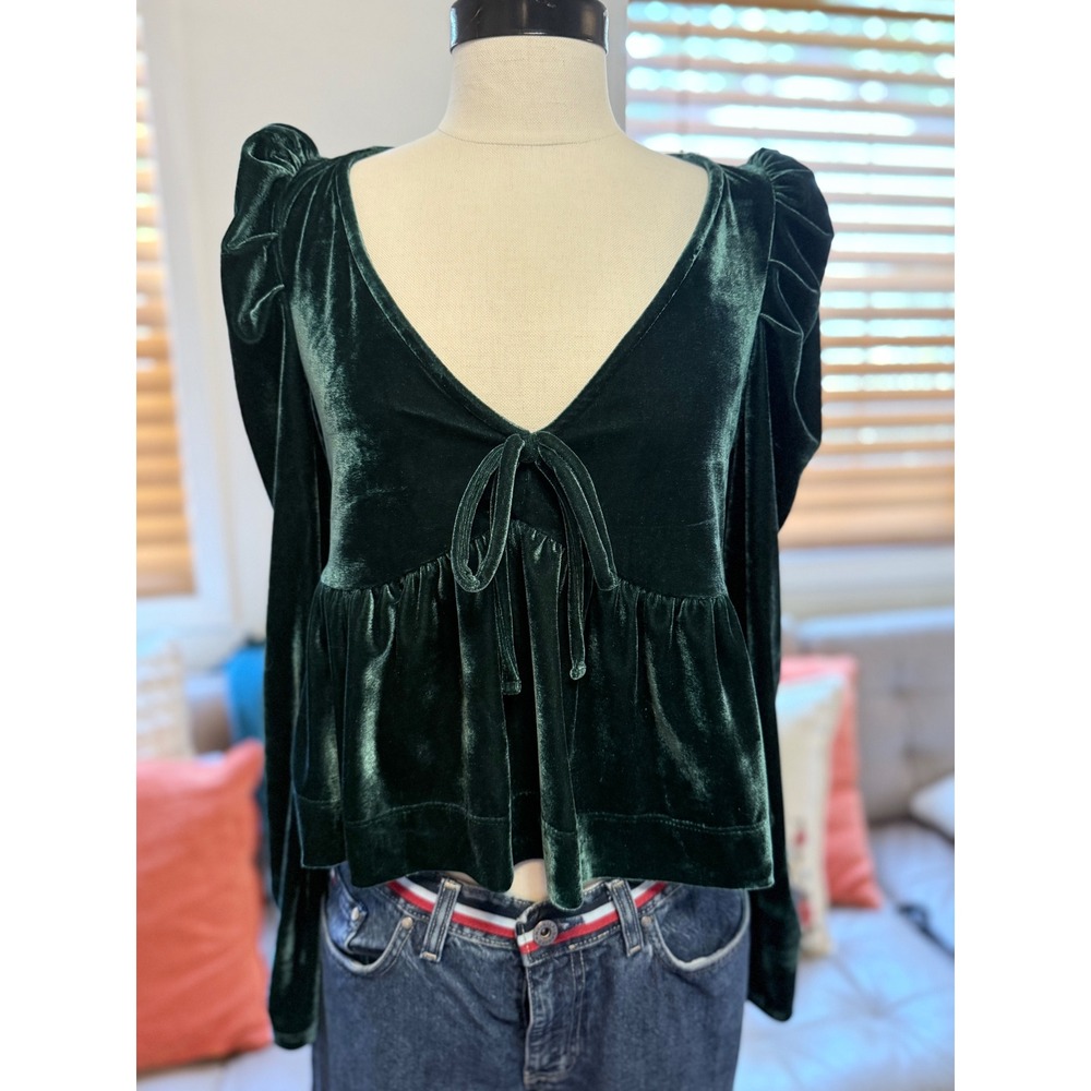 Maeve Anthropologie Green Velvet Puff Sleeve Tie Front Peplum Top Small